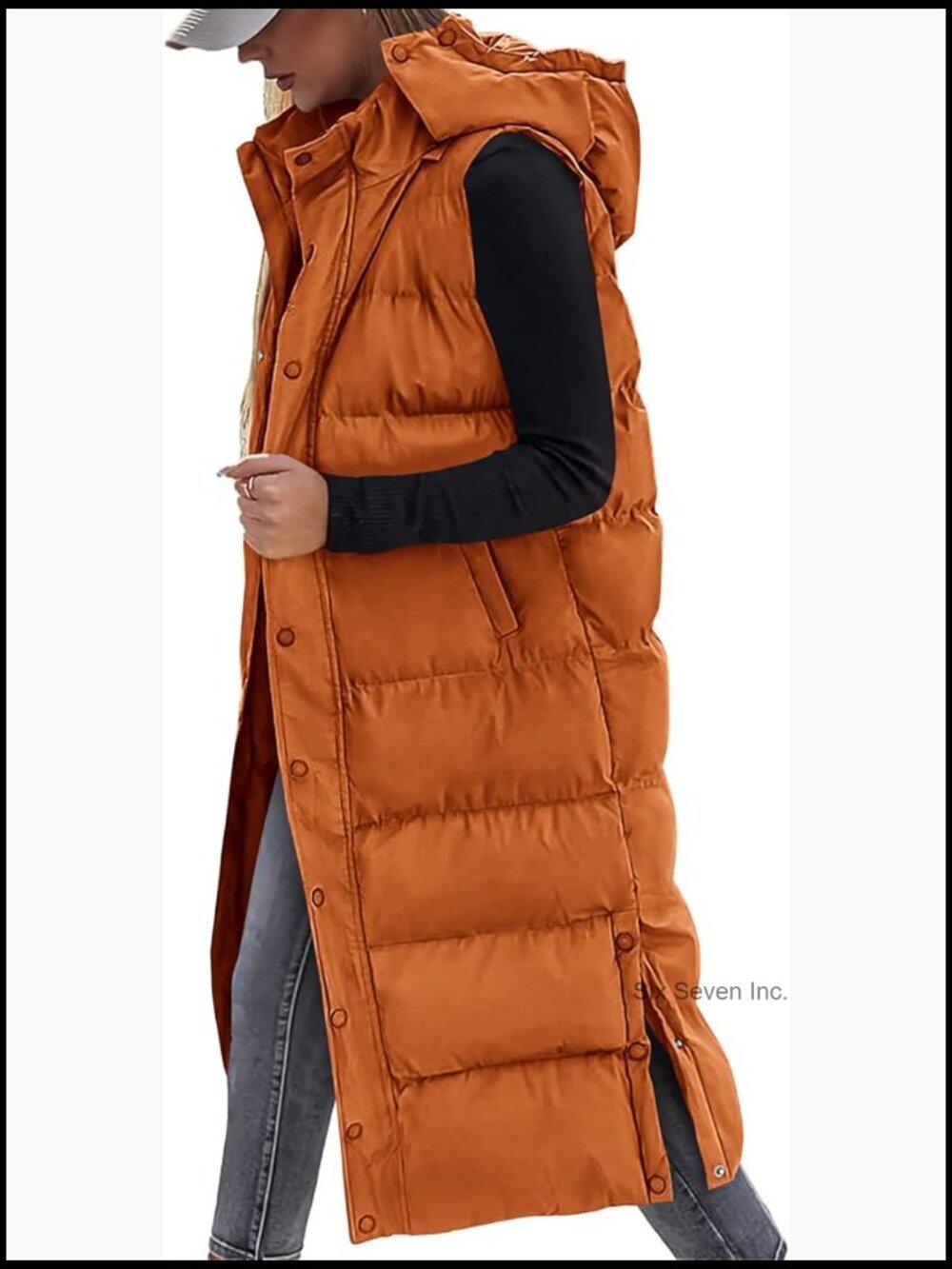 Long Quilted Puffer Vest Sleeveless Hooded Button Down Zip Up Women Outerwear